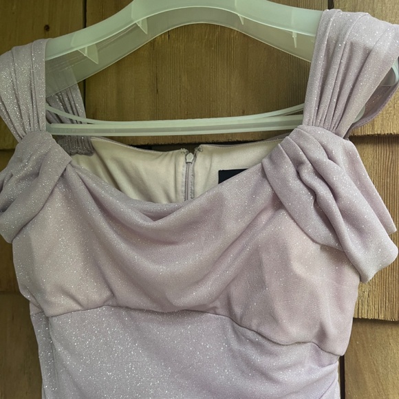 Alex Evening Cold Shoulder Glitter Mesh DustyRose Dress Draped Skirt Cowl Neck 6 - Picture 6 of 12